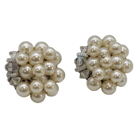 Vintage Faux Pearl Cluster Stud Earrings Japan Signed Clip Ons Nice Clasp P4 - Picture 6 of 10